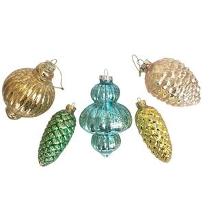 Set of 5 Mercury Glass Christmas Ornaments: Pinecone Finial Aqua Gold Green 4-6"